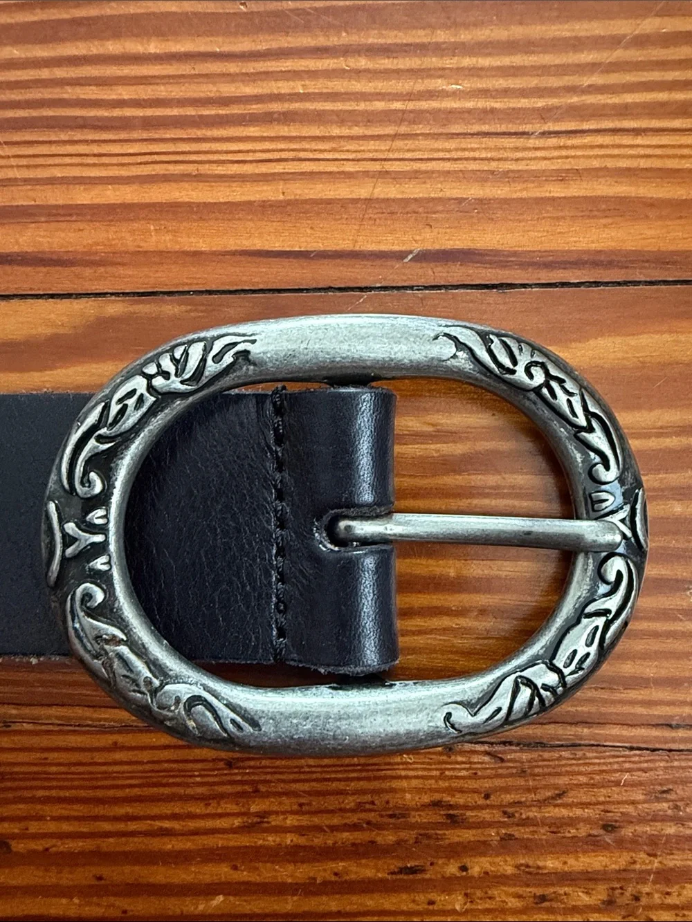 Lucky Brand Black Leather Belt with silver Ornate Buckle